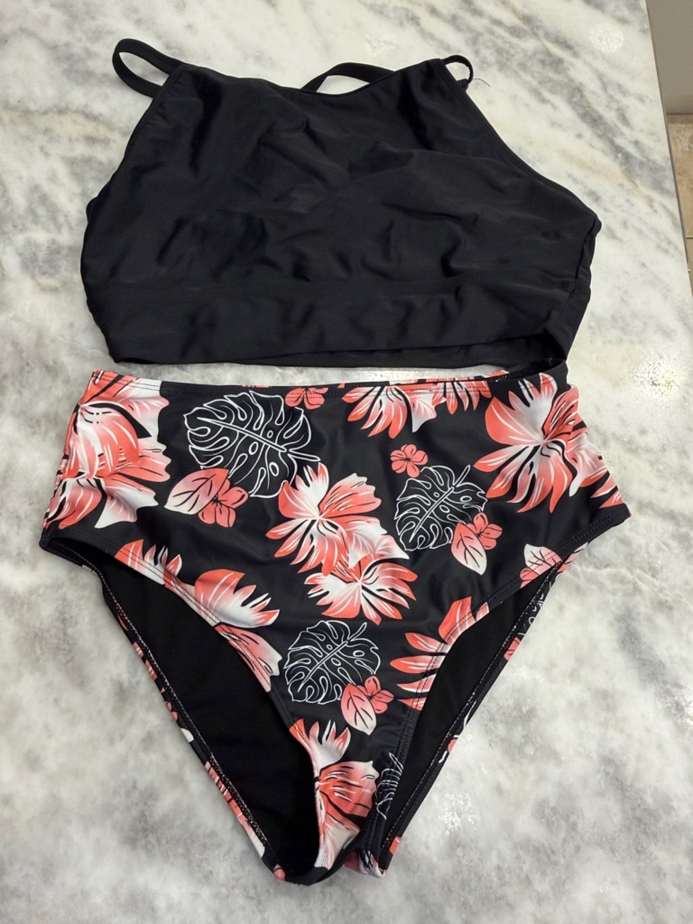 Two-Piece High-Waist Bikini Set — Black with Coral Floral Print size large
